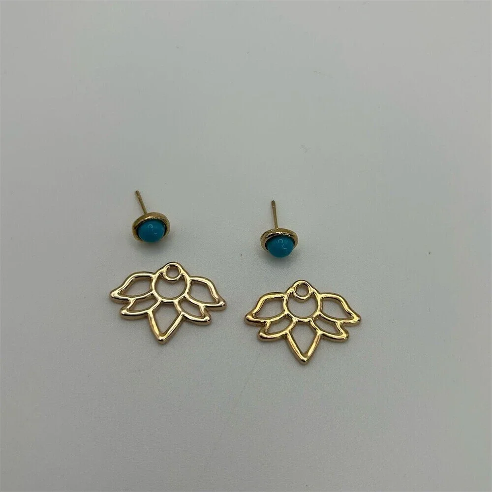 Gold Tone Lotus Flower Ear Jacket Pierced Stud Earrings Turquoise Blue Color